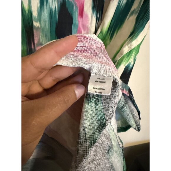 For Cynthia Linen Blend Cowl Neck Hi Low Midi Green/Pink Brush Stroke Dress 2X - Picture 6 of 8